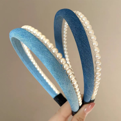Vintage Blue Denim Double Layer Pearl Headband