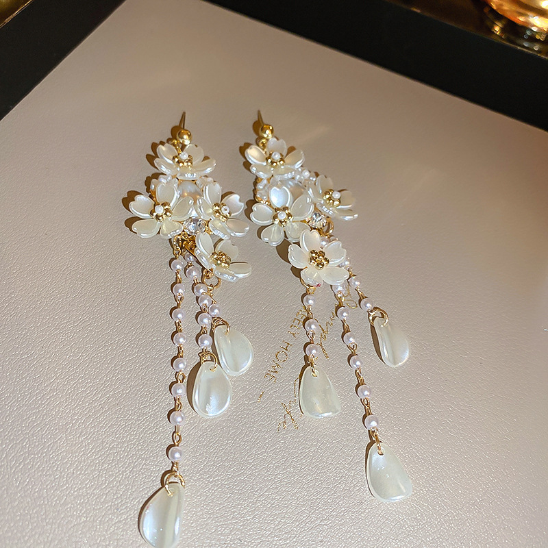 Shell Flower Tassel Pearl Earrings Chinese Style Elegant Dangle Earrings