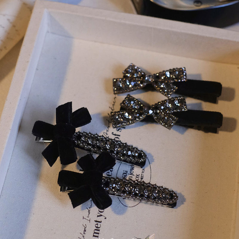 Black Velvet Rhinestone Bow Hair Clips Luxury Sparkle Side Barrettes