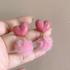 Sweet Heart Pom Pom Earrings Soft Pink Plush Ball Drop Earrings Cute Girlish Jewelry 