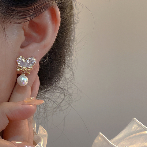 Sweet Heart-shaped Bow-shaped Pearl Earrings