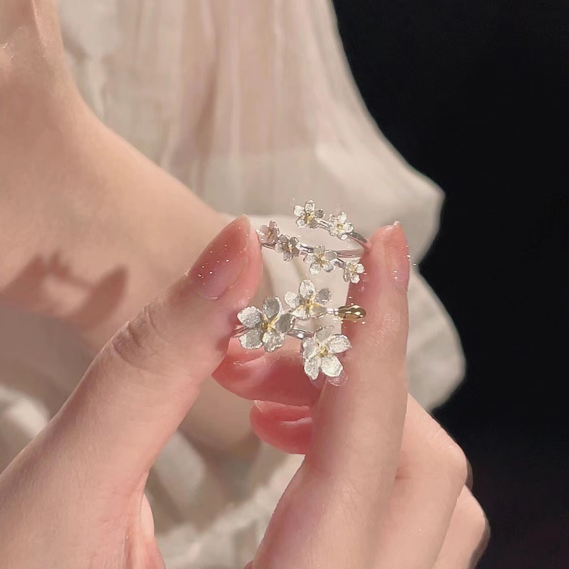 Silver Floral Branch Open Ring Set – Delicate Gold Accent Flower Statement Rings, Nature Inspired Jewelry for Women