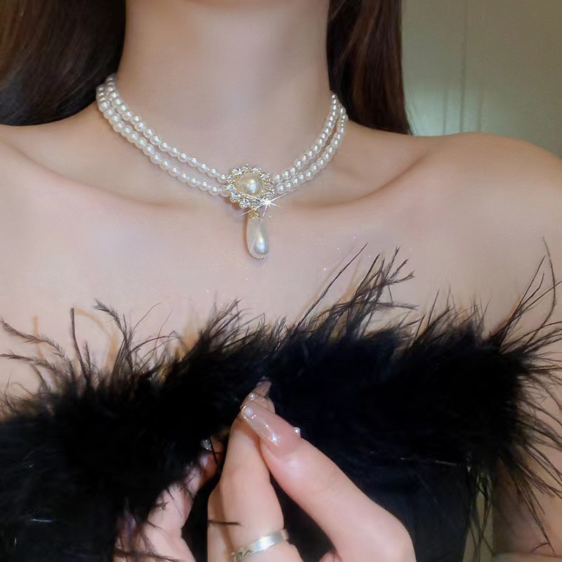Luxury Double Pearl Chain Necklace with Crystal Embellished Pendant