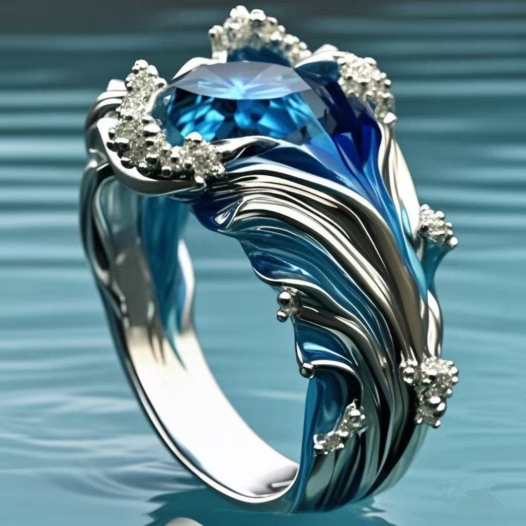 Ocean Wave Enamel Ring Collection – Blue/Purple Crystal Wave Statement Ring for Women Ocean Inspired Jewelry