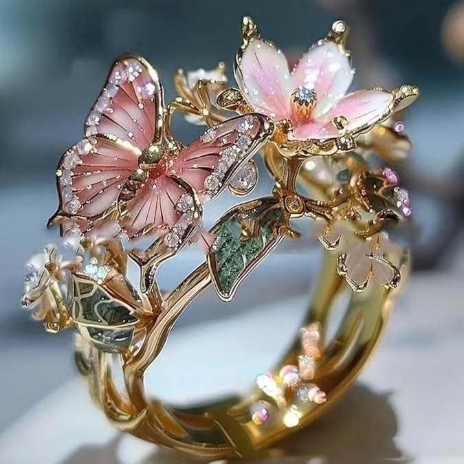 Enamel Butterfly & Flower Ring | Rose Gold Crystal Floral Jewelry