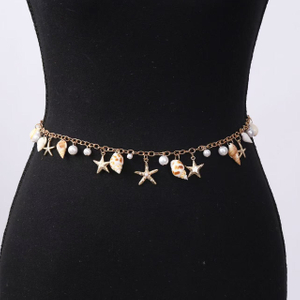 Seashell Starfish Pearl Chain Belt - Beach Boho Adjustable Waist Jewelry
