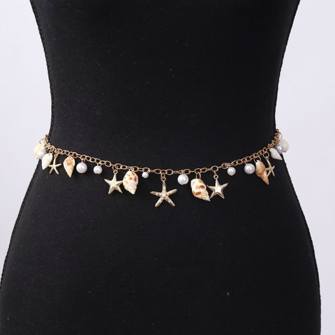 Seashell Starfish Pearl Chain Belt - Beach Boho Adjustable Waist Jewelry
