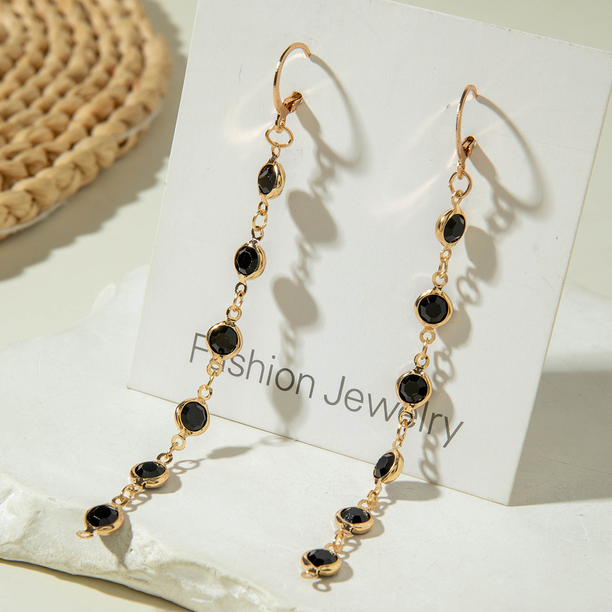 Long Black Crystal Drop Earrings