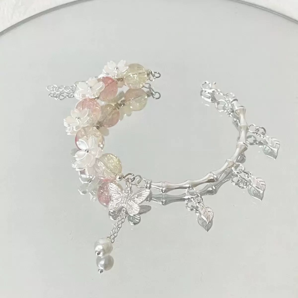 Chinese Style Bamboo Butterfly Bracelet, Cool Tone Burst Bead Bracelet
