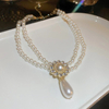 Luxury Double Pearl Chain Necklace with Crystal Embellished Pendant