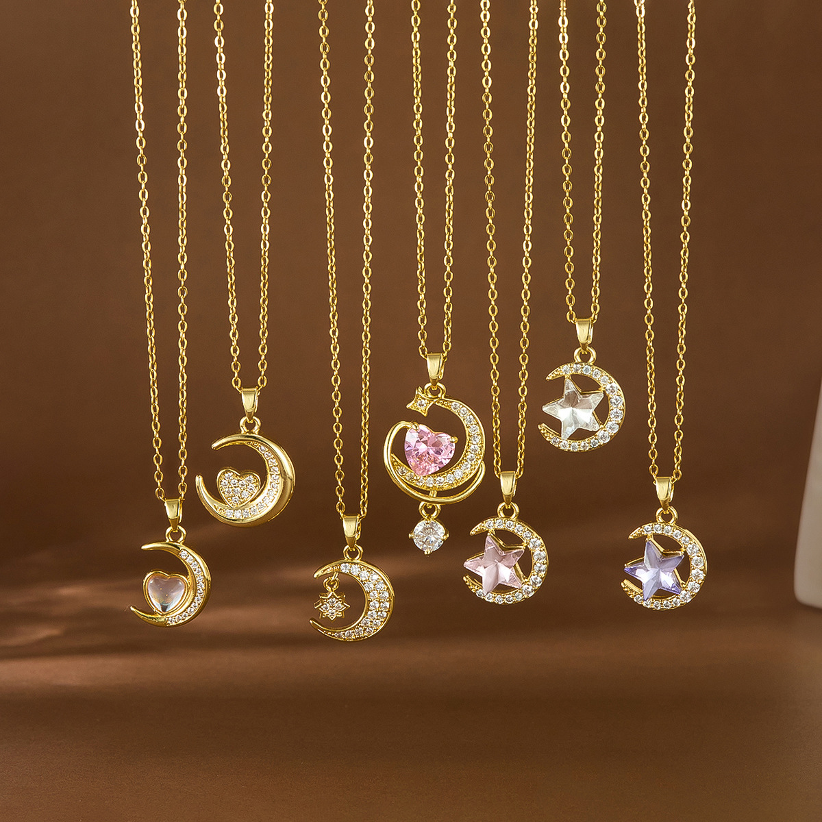 Fashion Gold Plated Moon Star Heart Pendant Necklace, Rhinestone Crescent Celestial Jewelry For Women