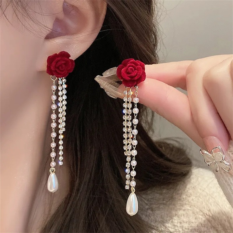 Velvet Camellia Pearl Tassel Earrings