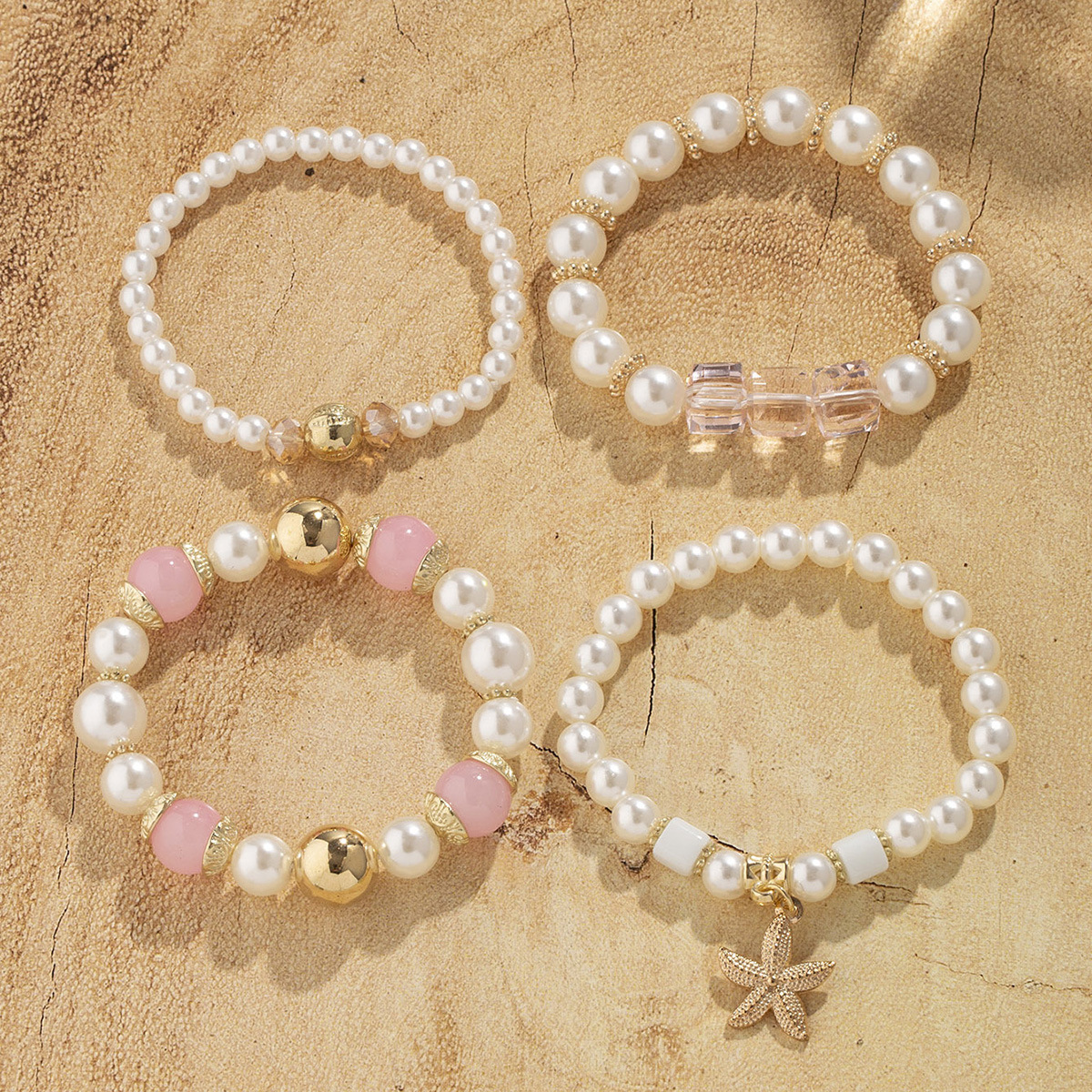 4pcs/Set Boho Pearl & Crystal Beaded Bracelets with Starfish Charm | Beachy Stackable Bracelet Set