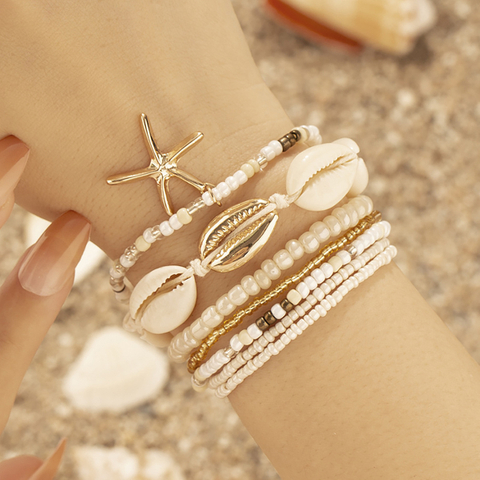 Boho Beachy Shell & Starfish Beaded Bracelet Set | Stackable Coastal Jewelry