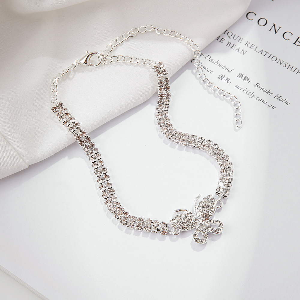 Rhinestone Butterfly Anklet for Women, Silver Plated Crystal Ankle Bracelet