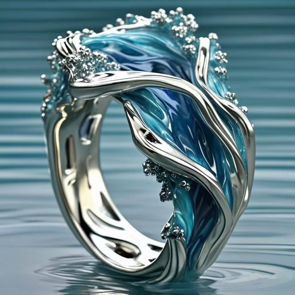Ocean Wave Enamel Ring Collection – Blue/Purple Crystal Wave Statement Ring for Women Ocean Inspired Jewelry