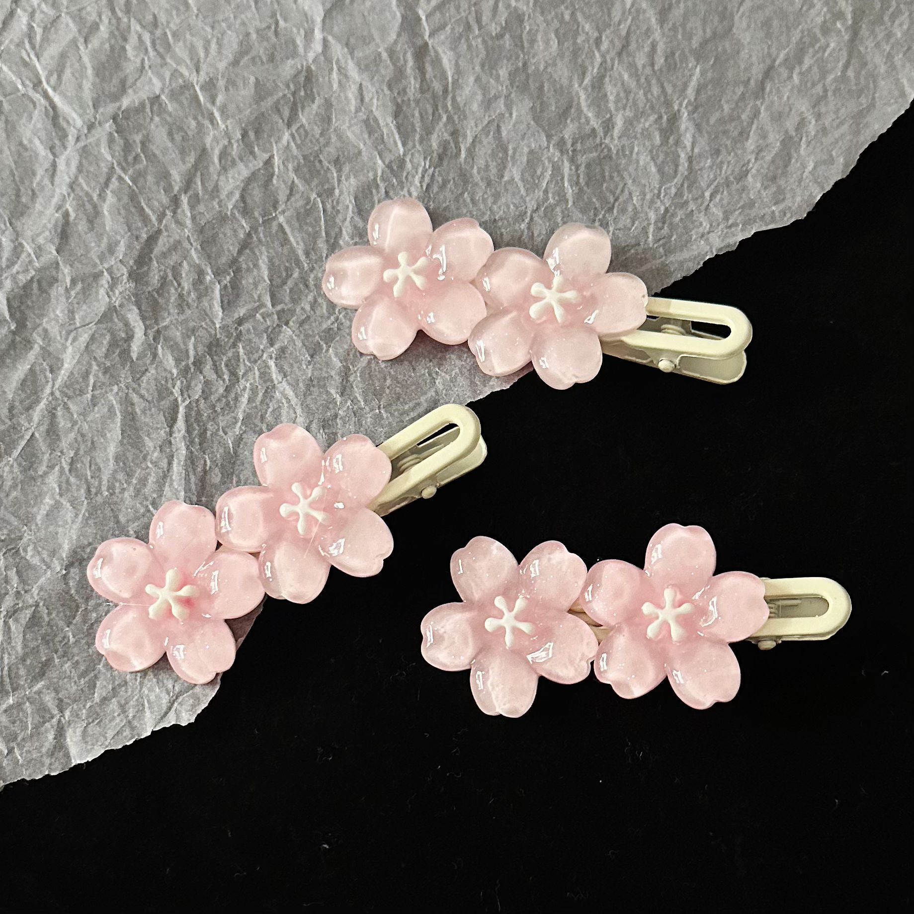 Glitter Pink Cherry Blossom Hair Clips