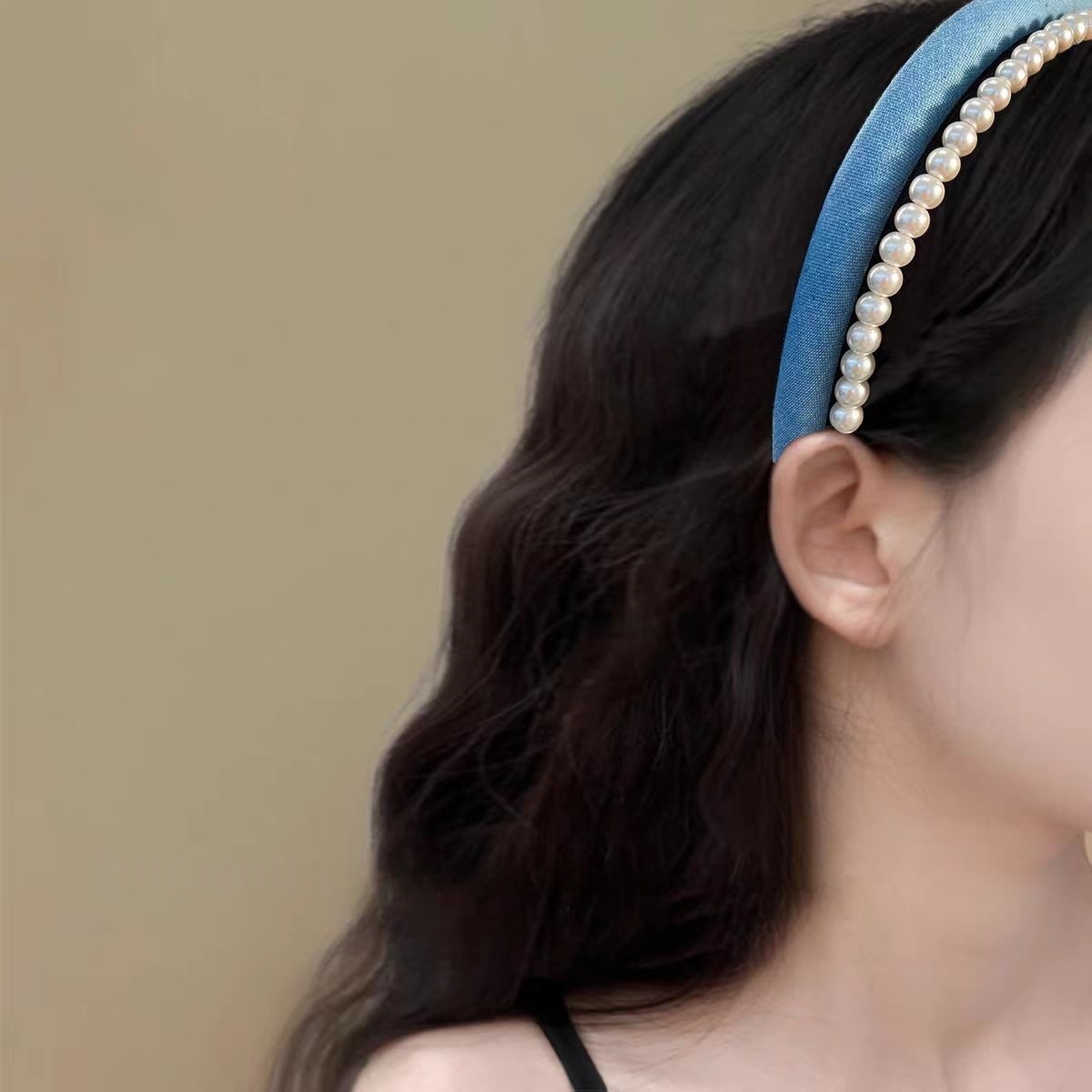 Vintage Blue Denim Double Layer Pearl Headband
