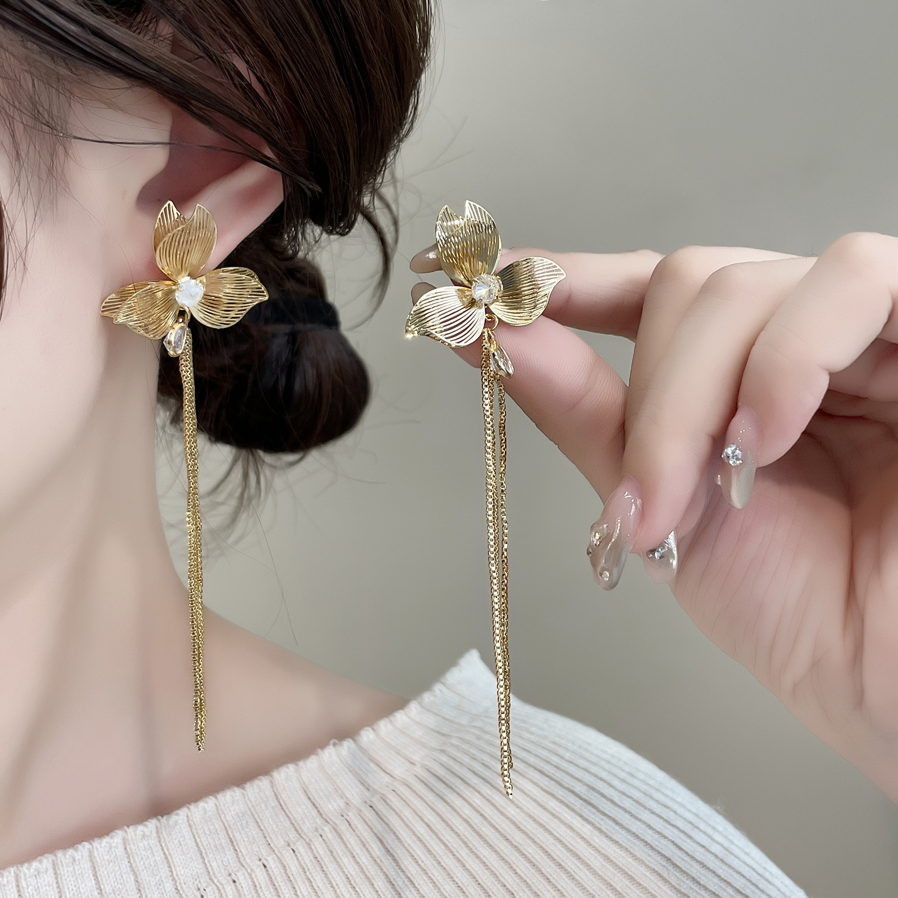Golden Flower Long Tassel Drop Earrings