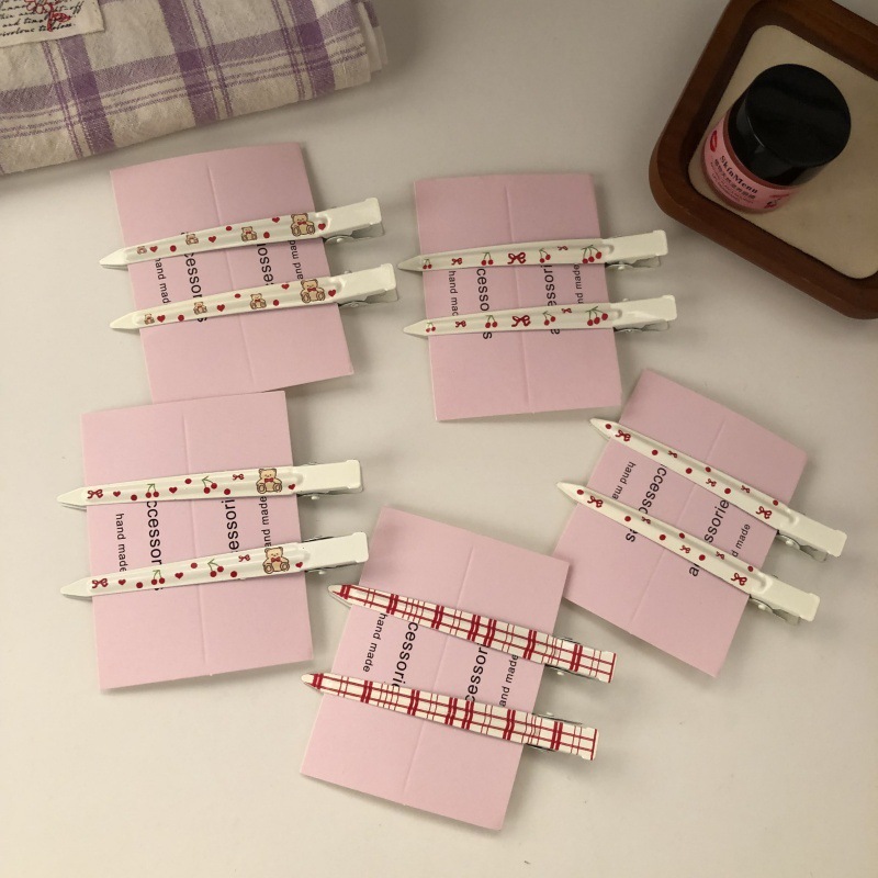 Cherry Bear Plaid No-Bend Hair Clips Sweet Side Barrettes Makeup Clips