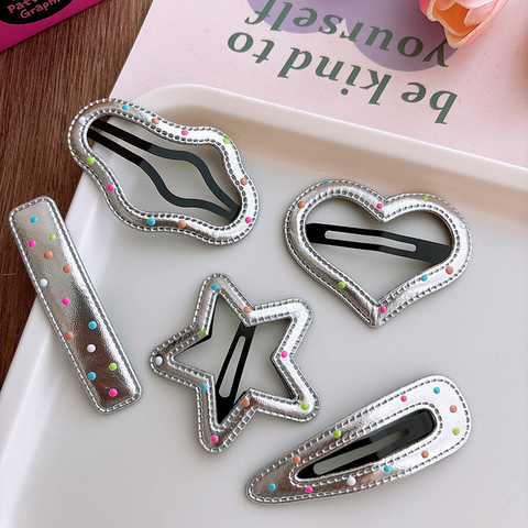 Silver Faux Leather Colorful Dot Hair Clips Star Heart Wave Barrettes