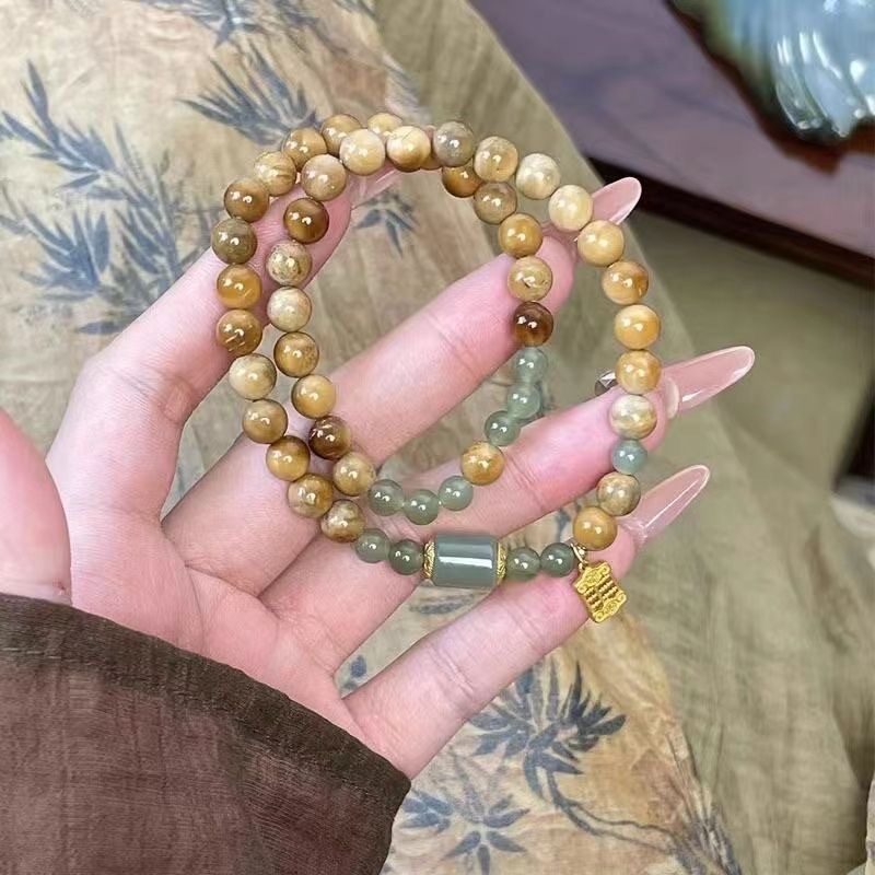 Chinese Style Wood Stone Jade Multi-Layer Bracelet, Retro Zen Jewelry