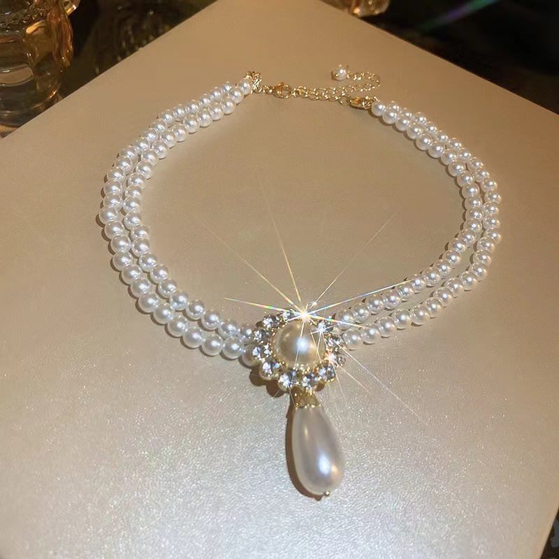 Luxury Double Pearl Chain Necklace with Crystal Embellished Pendant