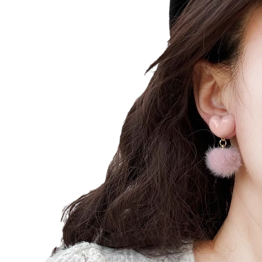 Sweet Heart Pom Pom Earrings Soft Pink Plush Ball Drop Earrings Cute Girlish Jewelry 