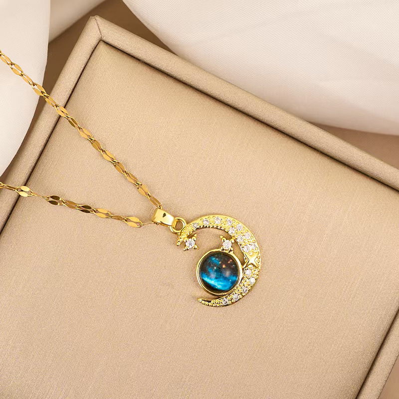 Fashion Moon Star Planet Pendant Necklace Blue Galaxy Stone Rhinestone Crescent Couple Jewelry For Women