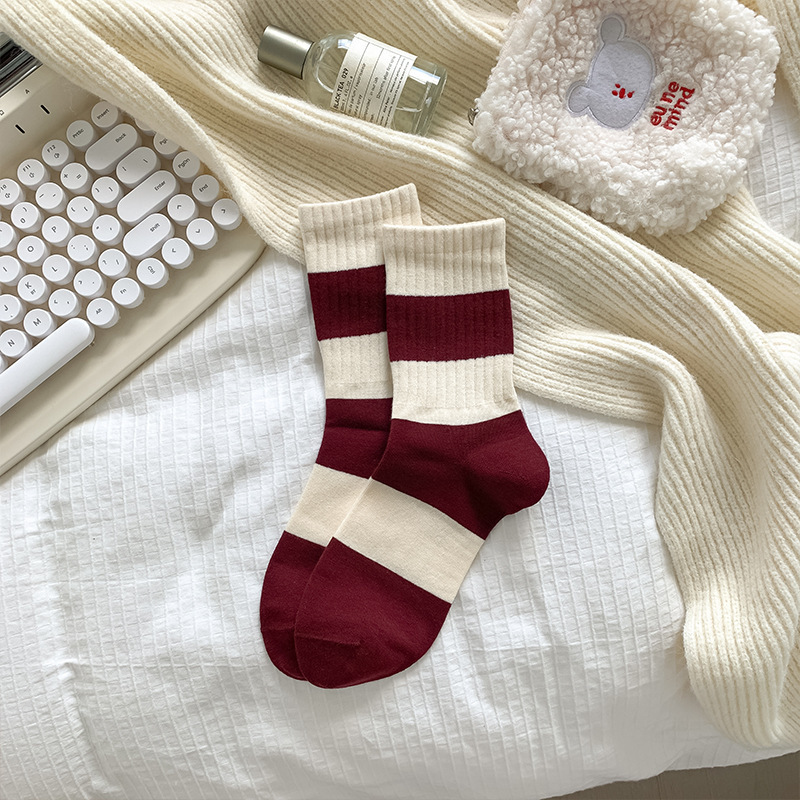 Spring Summer Ankola Red Striped Bow Mid-Calf Socks for Women