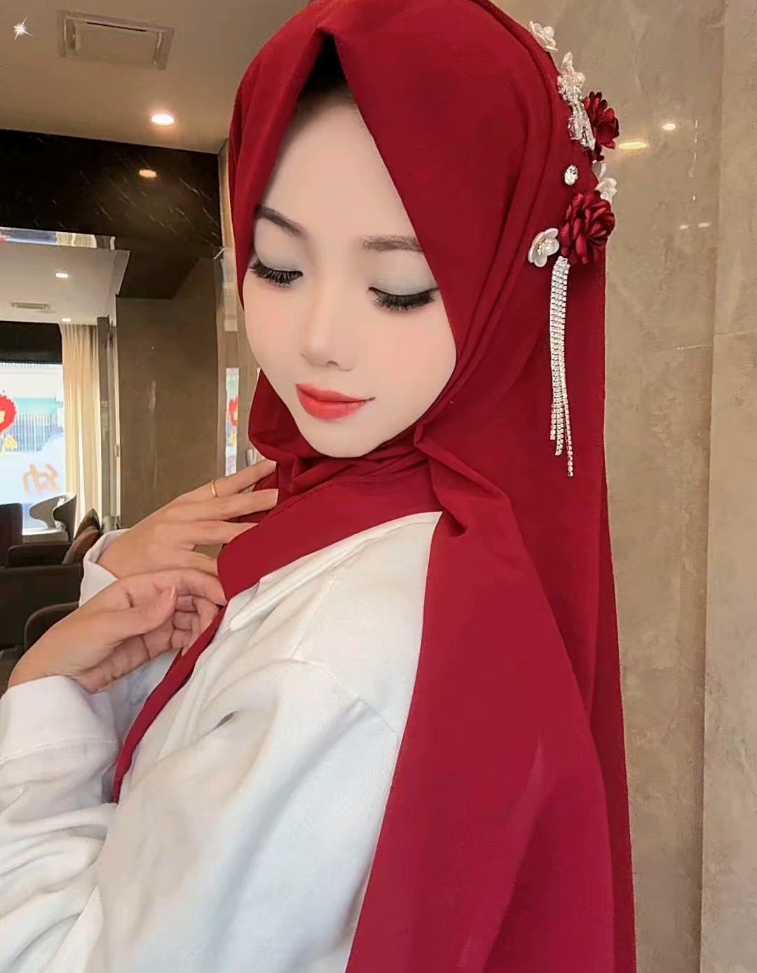 Premium Chiffon Hijab Set with Matching Floral Hair Accessory – Modest Fashion for Eid & Events