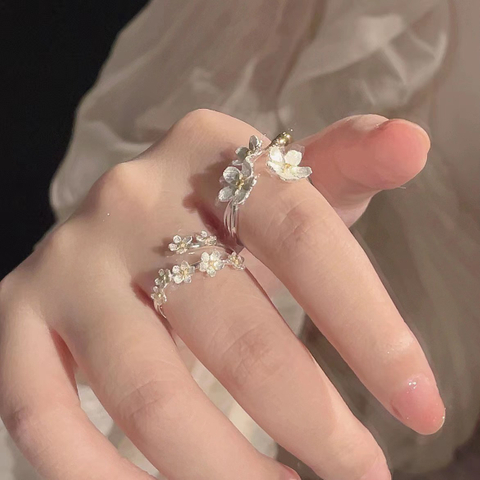 Silver Floral Branch Open Ring Set – Delicate Gold Accent Flower Statement Rings, Nature Inspired Jewelry for Women
