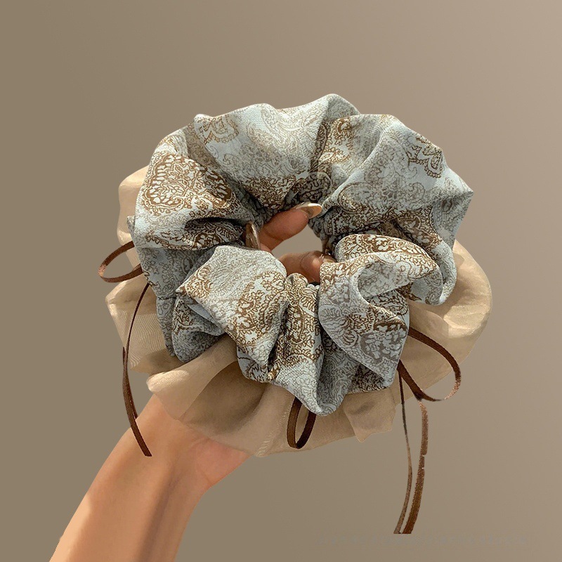 Elegant Floral Double Layer Scrunchie with Ribbon
