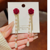 Velvet Camellia Pearl Tassel Earrings