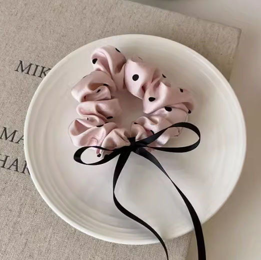 Pink Polka Dot Satin Scrunchie with Bow