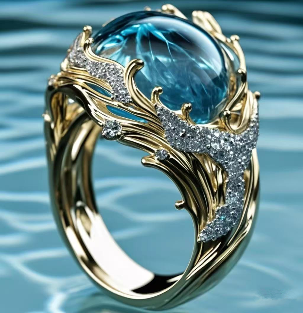 Ocean Wave Enamel Ring Collection – Blue/Purple Crystal Wave Statement Ring for Women Ocean Inspired Jewelry