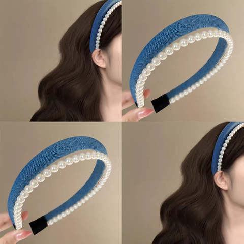 Vintage Blue Denim Double Layer Pearl Headband