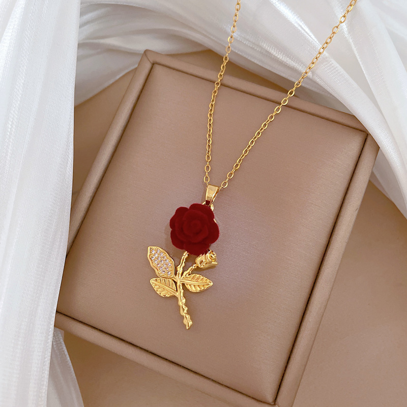 Luxury Full Diamond Rose Stainless Steel Necklace
