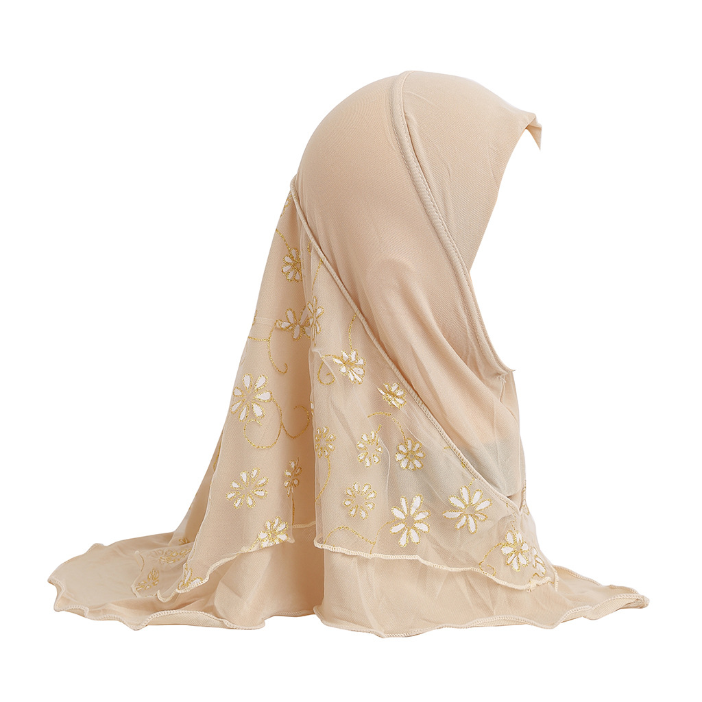 Delicate Gold Floral Mesh Hijab | Pink Modest Islamic Headscarf | Elegant Instant Hijab for Daily Wear