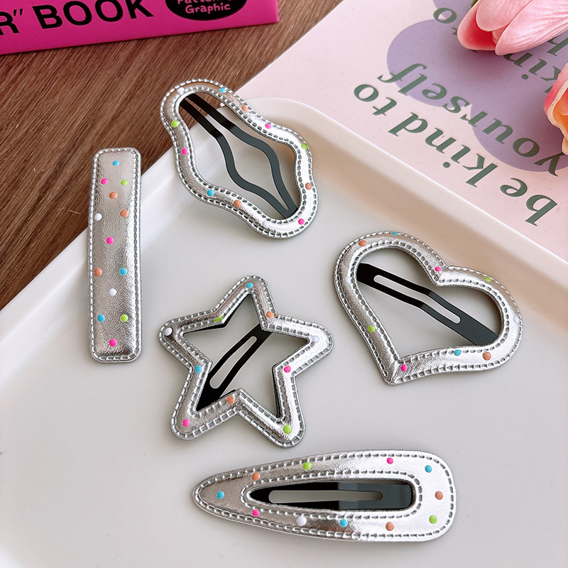 Silver Faux Leather Colorful Dot Hair Clips Star Heart Wave Barrettes