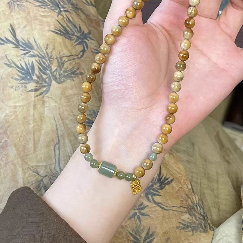 Chinese Style Wood Stone Jade Multi-Layer Bracelet, Retro Zen Jewelry