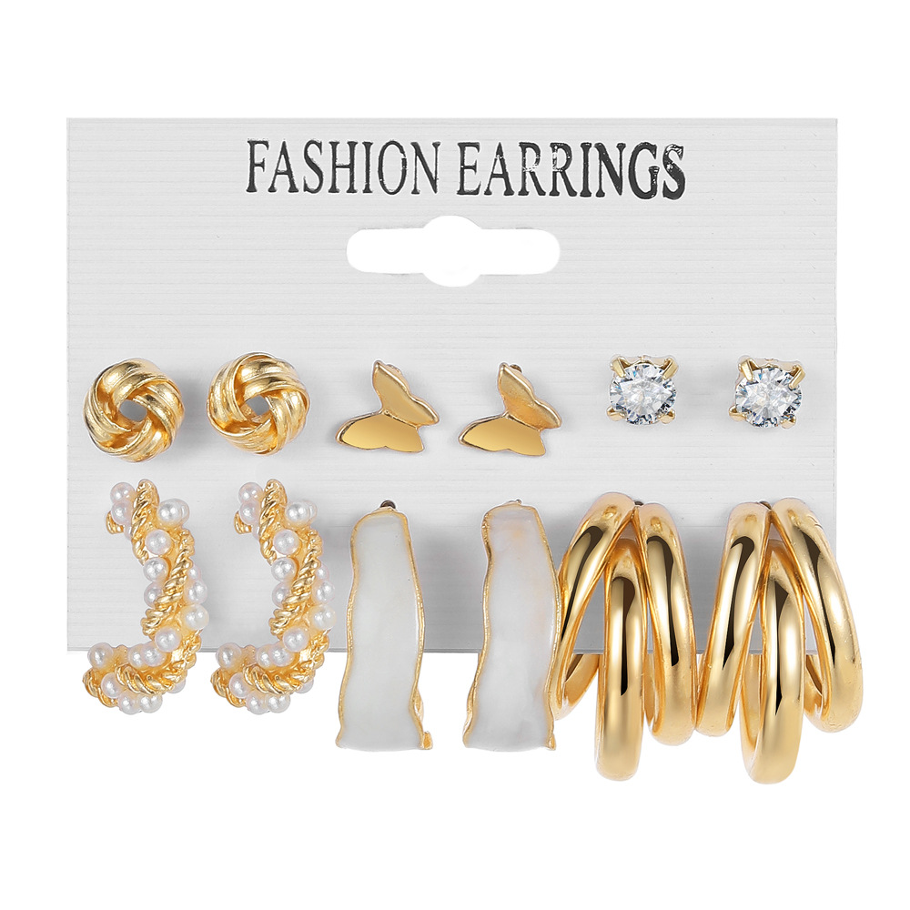 6-Pair Gold Butterfly & Hoop Earring Set with Pearl Studs